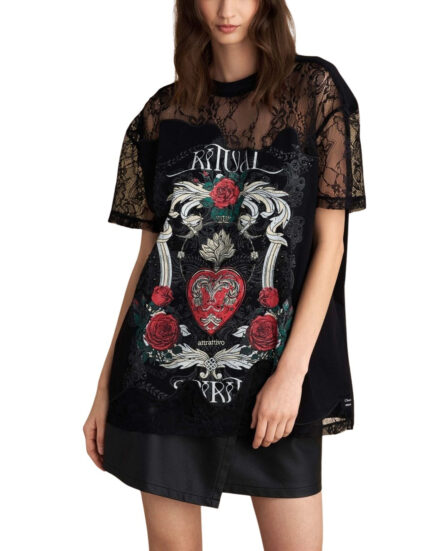 Attrattivo γυναικείο κοντομάνικο t-shirt με τύπωμα και δαντέλα 9921805