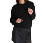 Attrattivo γυναικεία μονόχρωμη πλεκτή μπλούζα με κουκούλα 92501259