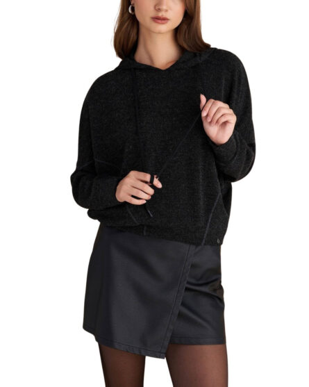 Attrattivo γυναικεία μονόχρωμη πλεκτή μπλούζα με κουκούλα 92501259