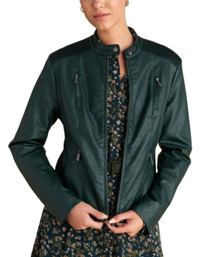 Attrattivo γυναικείο μπουφάν δερματίνης με τσέπες 9921732