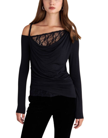 Attrattivo γυναικείο μονόχρωμο τοπ ντραπέ με δαντέλα 9922031