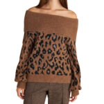 Attrattivo γυναικεία πλεκτή μπλούζα λέοπαρ έξωμη 9P22945