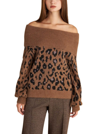 Attrattivo γυναικεία πλεκτή μπλούζα λέοπαρ έξωμη 9P22945
