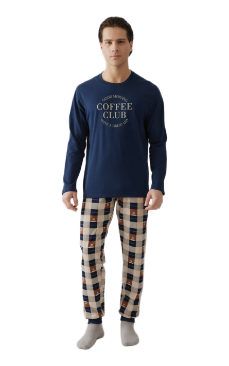 Minerva ανδρική χειμερινή πυζάμα Printed Sweat Coffee 90-71266-100