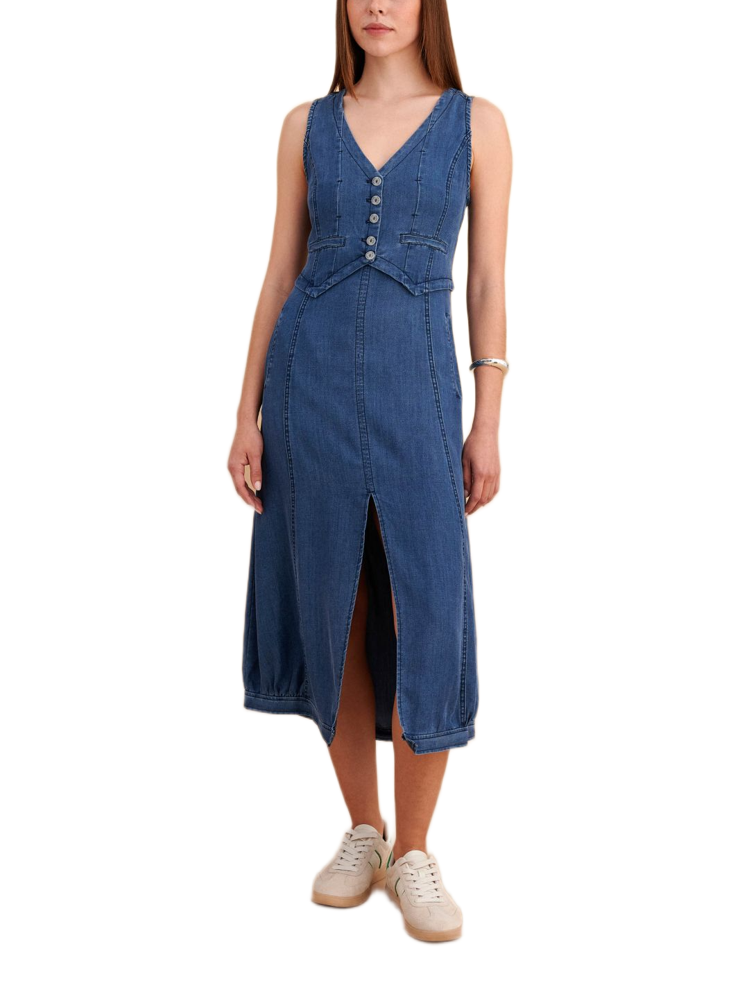 Attrattivo γυναικείο αμάνικο φόρεμα μίντι τύπου denim 9923103